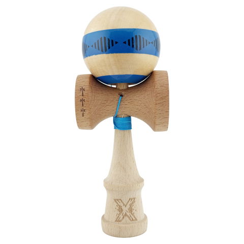 TeoMarket - Kendama X FREQUENCY Originala, Profesionala, Flippy, Big Cups V2, Super Sticky cu Cupe Mari, Rulment Metalic, din lemn 18 cm, Ata 55 cm, Albastru/Maro