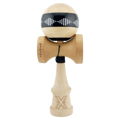 TeoMarket - Kendama X FREQUENCY Originala, Profesionala, Flippy, Big Cups V2, Super Sticky cu Cupe Mari, Rulment Metalic, din lemn 18 cm, Ata 55 cm, Negru/Maro