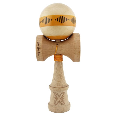 TeoMarket - Kendama X FREQUENCY Originala, Profesionala, Flippy, Big Cups V2, Super Sticky cu Cupe Mari, Rulment Metalic, din lemn 18 cm, Ata 55 cm, Portocaliu/Maro