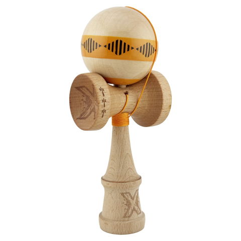 TeoMarket - Kendama X FREQUENCY Originala, Profesionala, Flippy, Big Cups V2, Super Sticky cu Cupe Mari, Rulment Metalic, din lemn 18 cm, Ata 55 cm, Portocaliu/Maro