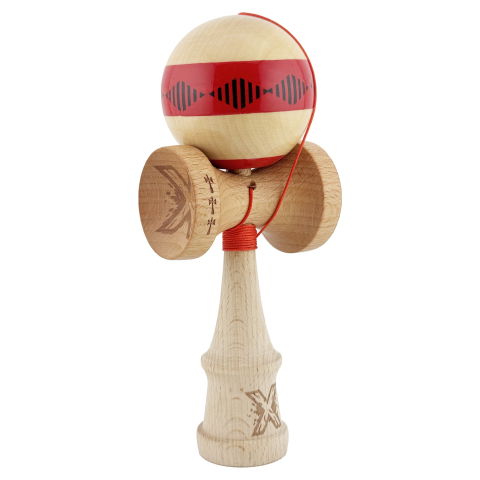 TeoMarket - Kendama X FREQUENCY Originala, Profesionala, Flippy, Big Cups V2, Super Sticky cu Cupe Mari, Rulment Metalic, din lemn 18 cm, Ata 55 cm, Rosu/Maro
