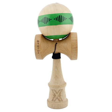 TeoMarket - Kendama X FREQUENCY Originala, Profesionala, Flippy, Big Cups V2, Super Sticky cu Cupe Mari, Rulment Metalic, din lemn 18 cm, Ata 55 cm, Verde/Maro