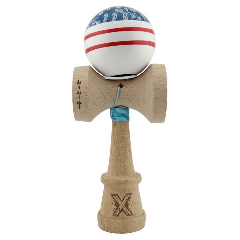 TeoMarket - Kendama X Originala CHICANOS, Profesionala, Flippy, Cupe Mari KING SIZE V3, Super Sticky, Gaura in Baza, Rulment Metalic, din lemn 18 cm, Ata 62/65 cm, Albastru/Alb