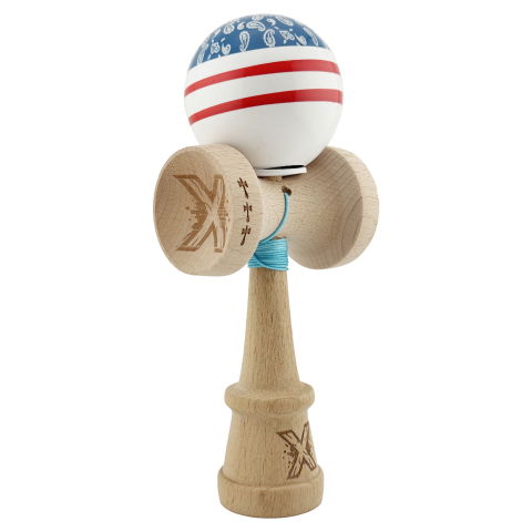 TeoMarket - Kendama X Originala CHICANOS, Profesionala, Flippy, Cupe Mari KING SIZE V3, Super Sticky, Gaura in Baza, Rulment Metalic, din lemn 18 cm, Ata 62/65 cm, Albastru/Alb