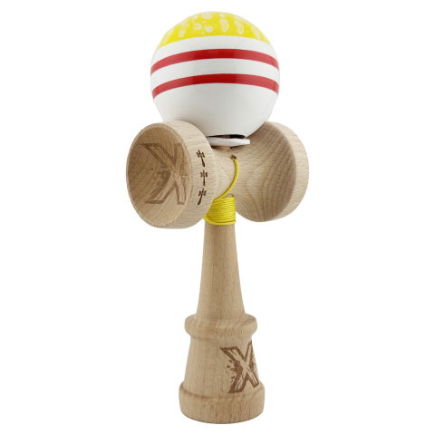 TeoMarket - Kendama X Originala CHICANOS, Profesionala, Flippy, Cupe Mari KING SIZE V3, Super Sticky, Gaura in Baza, Rulment Metalic, din lemn 18 cm, Ata 62/65 cm, Galben/Alb