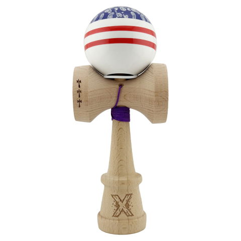 TeoMarket - Kendama X Originala CHICANOS, Profesionala, Flippy, Cupe Mari KING SIZE V3, Super Sticky, Gaura in Baza, Rulment Metalic, din lemn 18 cm, Ata 62/65 cm, Mov/Alb