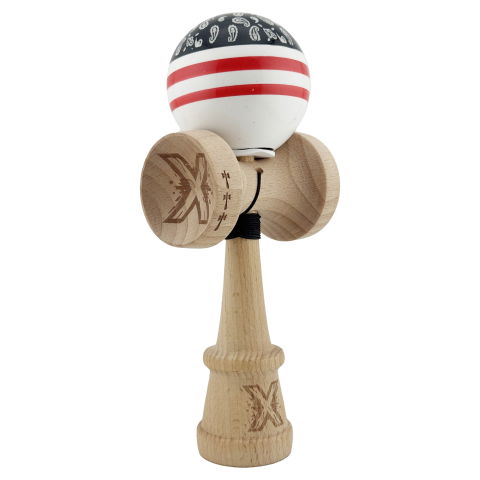 TeoMarket - Kendama X Originala CHICANOS, Profesionala, Flippy, Cupe Mari KING SIZE V3, Super Sticky, Gaura in Baza, Rulment Metalic, din lemn 18 cm, Ata 62/65 cm, Negru/Alb