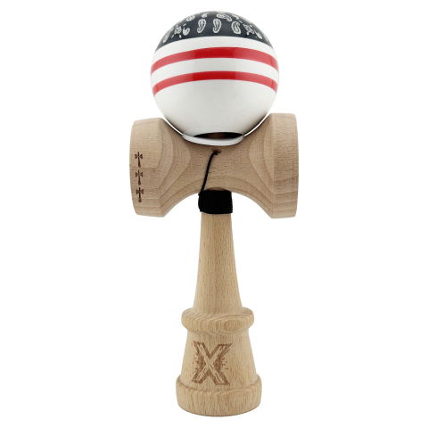 TeoMarket - Kendama X Originala CHICANOS, Profesionala, Flippy, Cupe Mari KING SIZE V3, Super Sticky, Gaura in Baza, Rulment Metalic, din lemn 18 cm, Ata 62/65 cm, Negru/Alb