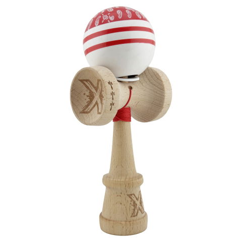 TeoMarket - Kendama X Originala CHICANOS, Profesionala, Flippy, Cupe Mari KING SIZE V3, Super Sticky, Gaura in Baza, Rulment Metalic, din lemn 18 cm, Ata 62/65 cm, Rosu/Alb