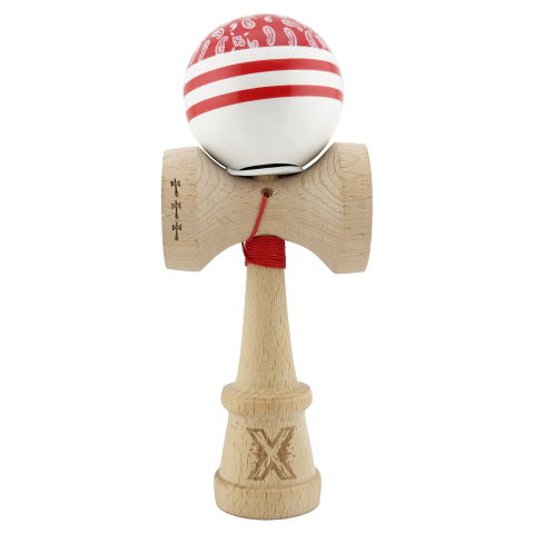 TeoMarket - Kendama X Originala CHICANOS, Profesionala, Flippy, Cupe Mari KING SIZE V3, Super Sticky, Gaura in Baza, Rulment Metalic, din lemn 18 cm, Ata 62/65 cm, Rosu/Alb