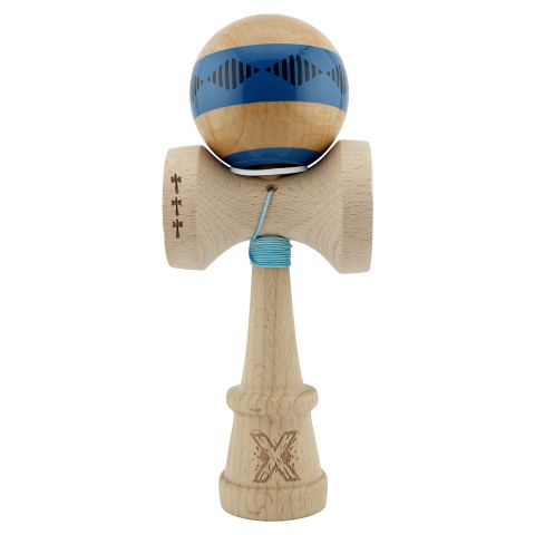 TeoMarket - Kendama X Originala FREQUENCY, Profesionala, Flippy, Cupe Mari KING SIZE V3, Super Sticky, Gaura in Baza, Rulment Metalic, din lemn 18 cm, Ata 62/65 cm, Albastru/Maro