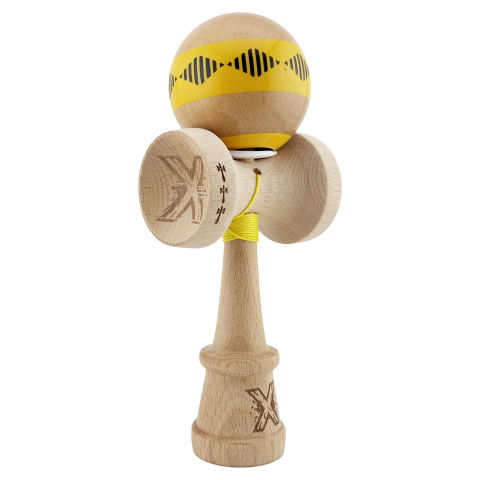 TeoMarket - Kendama X Originala FREQUENCY, Profesionala, Flippy, Cupe Mari KING SIZE V3, Super Sticky, Gaura in Baza, Rulment Metalic, din lemn 18 cm, Ata 62/65 cm, Galben/Maro