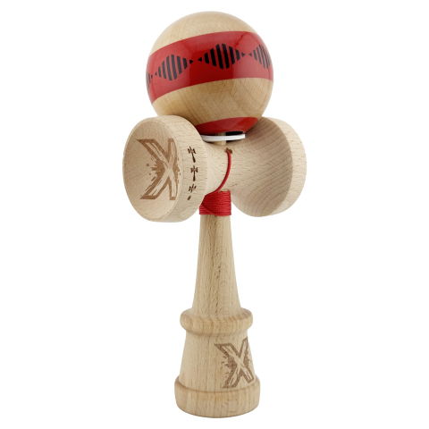 TeoMarket - Kendama X Originala FREQUENCY, Profesionala, Flippy, Cupe Mari KING SIZE V3, Super Sticky, Gaura in Baza, Rulment Metalic, din lemn 18 cm, Ata 62/65 cm, Rosu/Maro