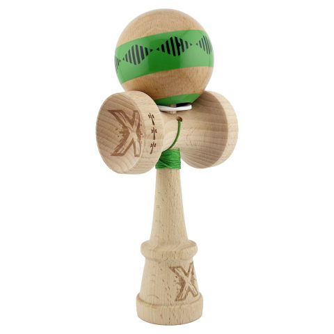 TeoMarket - Kendama X Originala FREQUENCY, Profesionala, Flippy, Cupe Mari KING SIZE V3, Super Sticky, Gaura in Baza, Rulment Metalic, din lemn 18 cm, Ata 62/65 cm, Verde/Maro