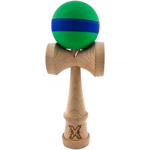 50 - 100 LEI - Kendama X Originala, Profesionala, Flippy, 18 cm, din Lemn, Rubber Grip, Verde/Albastru
