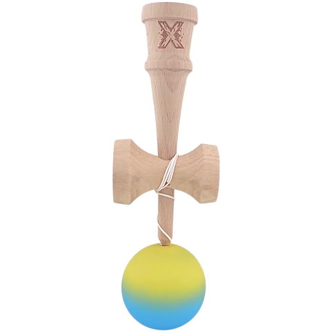 50 - 100 LEI - Kendama X Originala, Profesionala, Flippy, 18 cm, Profesionala, +9 Ani, din Lemn, Gradient Galben/Albastru