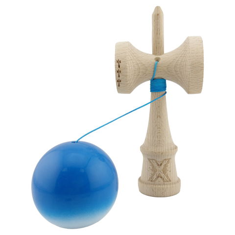 TeoMarket - Kendama X Originala, Profesionala, Flippy, Big Cups V2, Super Sticky cu Cupe Mari, din lemn 18 cm, Rulment Metalic cu Ata 55 cm, Albastru/Alb