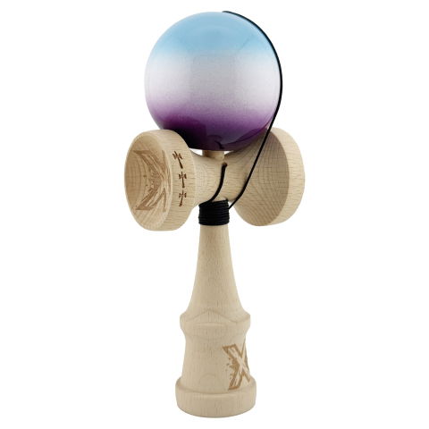 TeoMarket - Kendama X Originala, Profesionala, Flippy, Big Cups V2, Super Sticky cu Cupe Mari, din lemn 18 cm, Rulment Metalic cu Ata 55 cm, Albastru/Alb/Mov