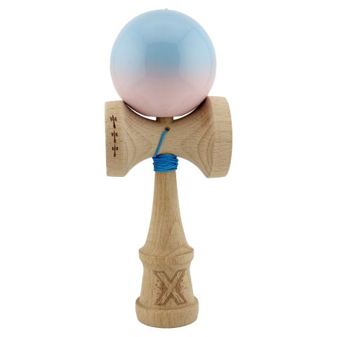 TeoMarket - Kendama X Originala, Profesionala, Flippy, Big Cups V2, Super Sticky cu Cupe Mari, din lemn 18 cm, Rulment Metalic cu Ata 55 cm, Albastru deschis/Roz