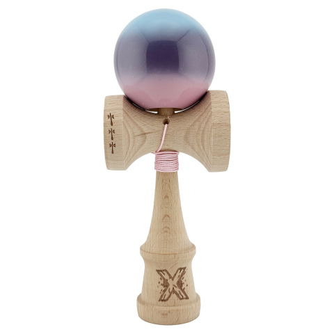 TeoMarket - Kendama X Originala, Profesionala, Flippy, Big Cups V2, Super Sticky cu Cupe Mari, din lemn 18 cm, Rulment Metalic cu Ata 55 cm, Albastru/Mov/Roz