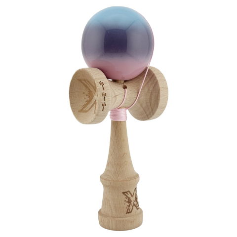 TeoMarket - Kendama X Originala, Profesionala, Flippy, Big Cups V2, Super Sticky cu Cupe Mari, din lemn 18 cm, Rulment Metalic cu Ata 55 cm, Albastru/Mov/Roz