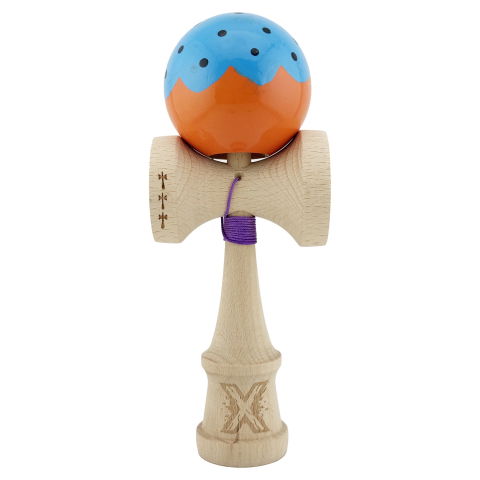 TeoMarket - Kendama X Originala, Profesionala, Flippy, Big Cups V2, Super Sticky cu Cupe Mari, din lemn 18 cm, Rulment Metalic cu Ata 55 cm, Albastru/Portocaliu