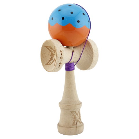 TeoMarket - Kendama X Originala, Profesionala, Flippy, Big Cups V2, Super Sticky cu Cupe Mari, din lemn 18 cm, Rulment Metalic cu Ata 55 cm, Albastru/Portocaliu