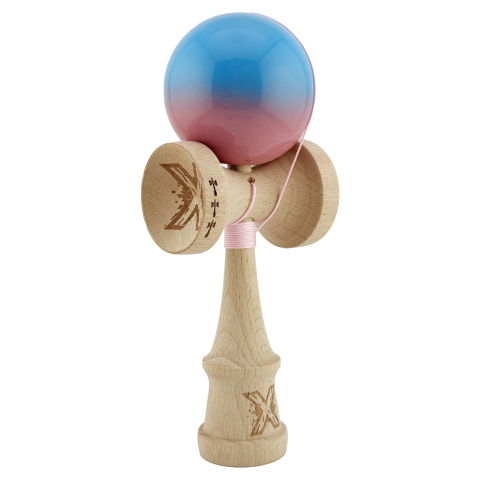 TeoMarket - Kendama X Originala, Profesionala, Flippy, Big Cups V2, Super Sticky cu Cupe Mari, din lemn 18 cm, Rulment Metalic cu Ata 55 cm, Albastru/Roz