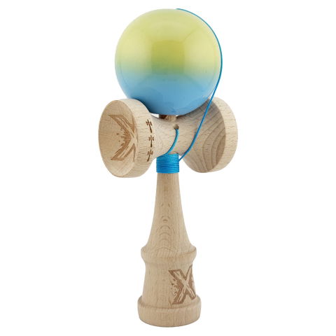 TeoMarket - Kendama X Originala, Profesionala, Flippy, Big Cups V2, Super Sticky cu Cupe Mari, din lemn 18 cm, Rulment Metalic cu Ata 55 cm, Galben/Albastru