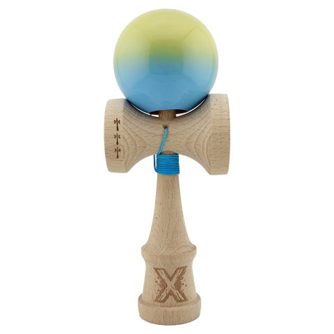 TeoMarket - Kendama X Originala, Profesionala, Flippy, Big Cups V2, Super Sticky cu Cupe Mari, din lemn 18 cm, Rulment Metalic cu Ata 55 cm, Galben/Albastru