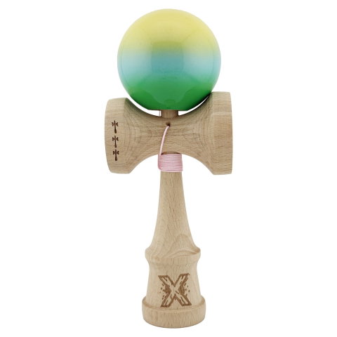 TeoMarket - Kendama X Originala, Profesionala, Flippy, Big Cups V2, Super Sticky cu Cupe Mari, din lemn 18 cm, Rulment Metalic cu Ata 55 cm, Galben/Albastru/Verde