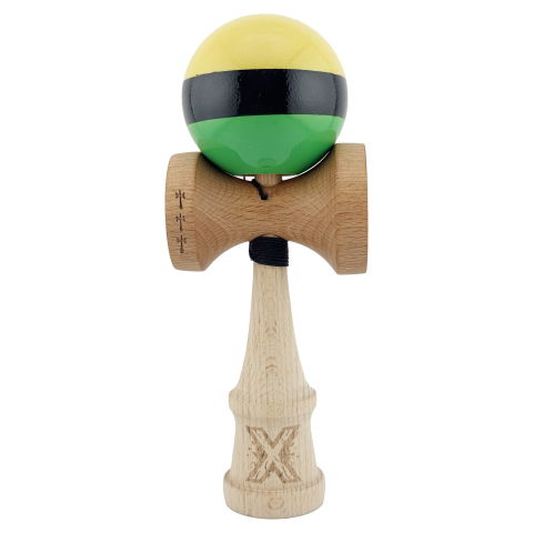 Kendama Super Sticky V2 Cupe Mari - Kendama X Originala, Profesionala, Flippy, Big Cups V2, Super Sticky cu Cupe Mari, din lemn 18 cm, Rulment Metalic cu Ata 55 cm, Galben/Negru/Verde
