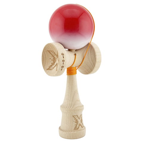 TeoMarket - Kendama X Originala, Profesionala, Flippy, Big Cups V2, Super Sticky cu Cupe Mari, din lemn 18 cm, Rulment Metalic cu Ata 55 cm, Gradient Rosu/Alb