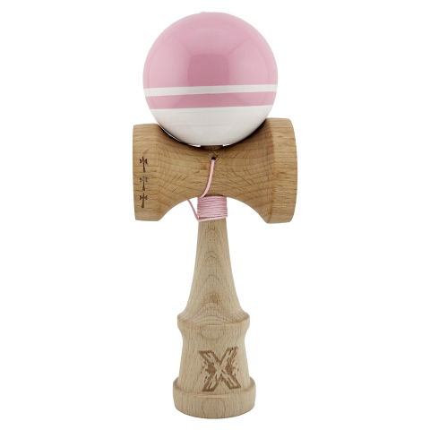 Kendama Super Sticky V2 Cupe Mari - Kendama X Originala, Profesionala, Flippy, Big Cups V2, Super Sticky cu Cupe Mari, din lemn 18 cm, Rulment Metalic cu Ata 55 cm, Roz/Alb