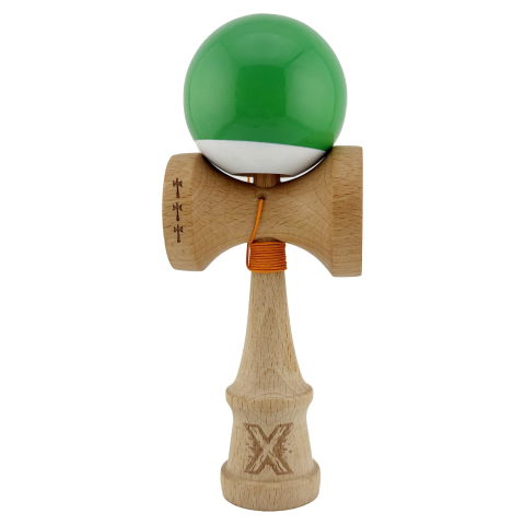 TeoMarket - Kendama X Originala, Profesionala, Flippy, Big Cups V2, Super Sticky cu Cupe Mari, din lemn 18 cm, Rulment Metalic cu Ata 55 cm, Verde/Alb