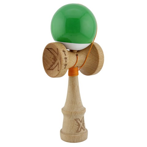 TeoMarket - Kendama X Originala, Profesionala, Flippy, Big Cups V2, Super Sticky cu Cupe Mari, din lemn 18 cm, Rulment Metalic cu Ata 55 cm, Verde/Alb