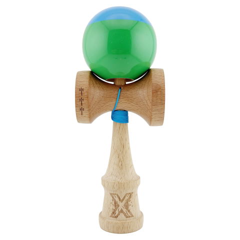 TeoMarket - Kendama X Originala, Profesionala, Flippy, Big Cups V2, Super Sticky cu Cupe Mari, Rulment Metalic, din lemn 18 cm, Ata 55 cm, Albastru/Verde