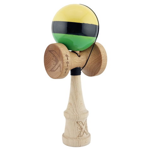 TeoMarket - Kendama X Originala, Profesionala, Flippy, Big Cups V2, Super Sticky cu Cupe Mari, Rulment Metalic, din lemn 18 cm, Ata 55 cm, Galben/Negru/Verde