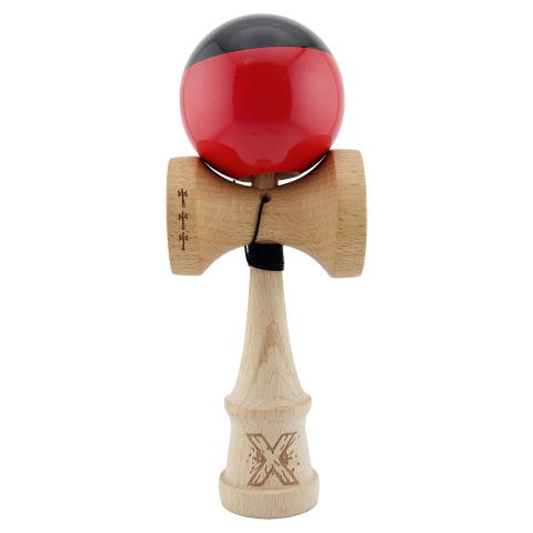 TeoMarket - Kendama X Originala, Profesionala, Flippy, Big Cups V2, Super Sticky cu Cupe Mari, Rulment Metalic, din lemn 18 cm, Ata 55 cm, Negru/Rosu