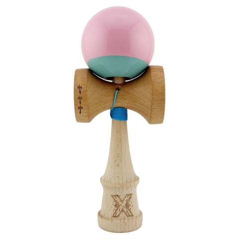 TeoMarket - Kendama X Originala, Profesionala, Flippy, Big Cups V2, Super Sticky cu Cupe Mari, Rulment Metalic, din lemn 18 cm, Ata 55 cm, Roz/Verde