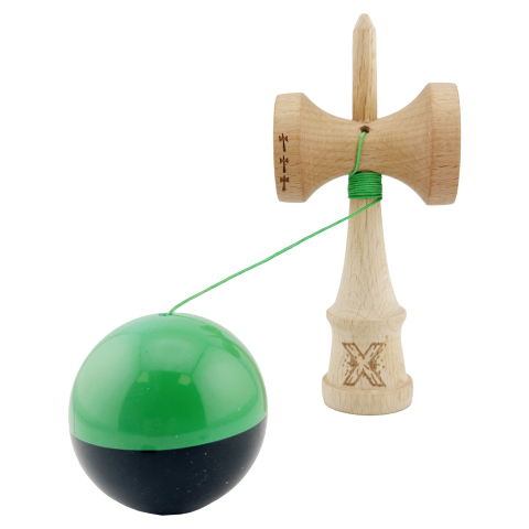 TeoMarket - Kendama X Originala, Profesionala, Flippy, Big Cups V2, Super Sticky cu Cupe Mari, Rulment Metalic, din lemn 18 cm, Ata 55 cm, Verde/Negru