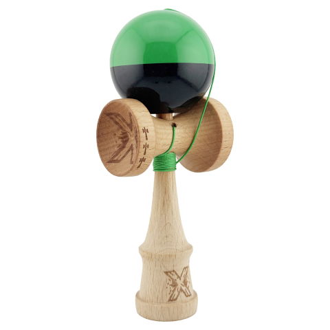 TeoMarket - Kendama X Originala, Profesionala, Flippy, Big Cups V2, Super Sticky cu Cupe Mari, Rulment Metalic, din lemn 18 cm, Ata 55 cm, Verde/Negru