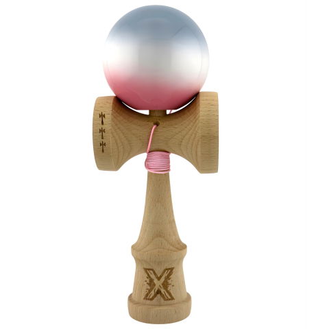 TeoMarket - Kendama X Originala, Profesionala, Flippy, Big Cups V2, Super Sticky Cupe Mari, Rulment Metalic cu Ata 55 cm, Gradient Roz/Alb/Gri