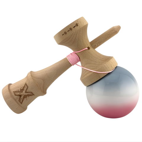 TeoMarket - Kendama X Originala, Profesionala, Flippy, Big Cups V2, Super Sticky Cupe Mari, Rulment Metalic cu Ata 55 cm, Gradient Roz/Alb/Gri