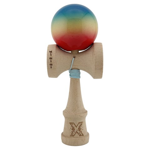 TeoMarket - Kendama X Originala, Profesionala, Flippy, Big Cups V2, Super Sticky Cupe Mari, Rulment Metalic cu Ata 55 cm, Rosu/Galben/Albastru