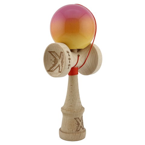 TeoMarket - Kendama X Originala, Profesionala, Flippy, Big Cups V2, Super Sticky Cupe Mari, Rulment Metalic cu Ata 55 cm, Roz/Portocaliu/Galben