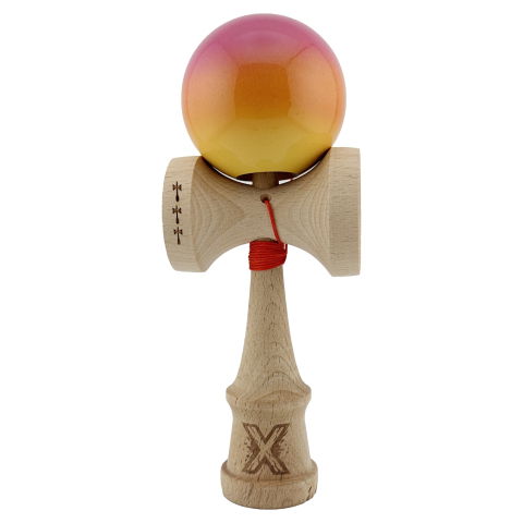 TeoMarket - Kendama X Originala, Profesionala, Flippy, Big Cups V2, Super Sticky Cupe Mari, Rulment Metalic cu Ata 55 cm, Roz/Portocaliu/Galben