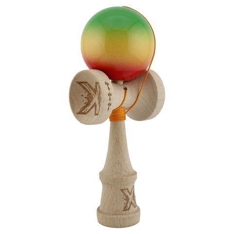 TeoMarket - Kendama X Originala, Profesionala, Flippy, Big Cups V2, Super Sticky Cupe Mari, Rulment Metalic cu Ata 55 cm, Verde/Galben/Rosu