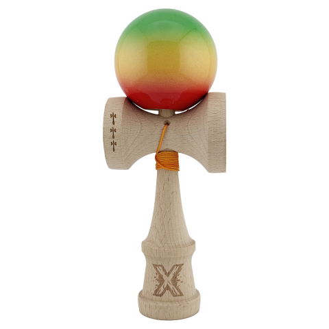 TeoMarket - Kendama X Originala, Profesionala, Flippy, Big Cups V2, Super Sticky Cupe Mari, Rulment Metalic cu Ata 55 cm, Verde/Galben/Rosu