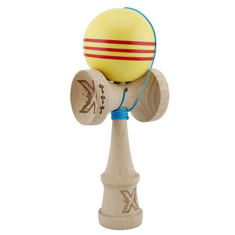 TeoMarket - Kendama X Originala, Profesionala, Flippy, Big Cups V2, Super Sticky Legendary Cupe Mari, Rulment Metalic cu Ata 55 cm, Galben/Linii Rosii